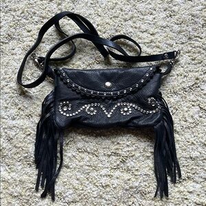 Black Leather Fringe Crossbody Bag